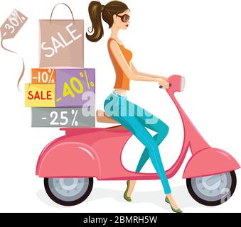 Illustration de la mode jeune femme conduite de scooter rose chargé de sacs et de boîtes avec des marques de vente et des rabais. Illustration de Vecteur