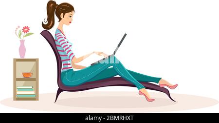 Jeune femme travaillant à domicile. Femme avec un ordinateur portable travaillant, étudiant à la maison Illustration de Vecteur