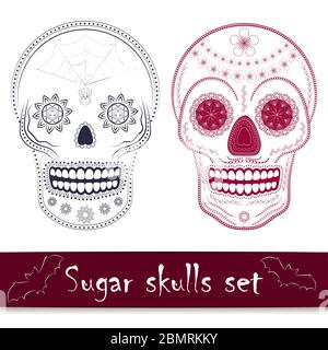 Ensemble d'illustrations du vecteur du crâne de sucre mexicain mort. Éléments de conception de dessins au trait Illustration de Vecteur