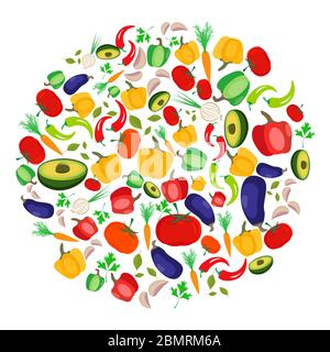 Légumes stylisés disposés en cercle sur fond blanc. Concept végétarien de nourriture crue. Éléments de design pour étiquettes, couvertures de menus, emballages Illustration de Vecteur