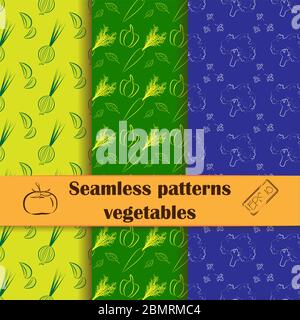 Jeu de fonds plats sans couture avec légumes à dessin au trait. Cuisine, thème de la cuisine. Motifs uniques et élégants pour les cafés, les sites Web, projet de scrapbook Illustration de Vecteur