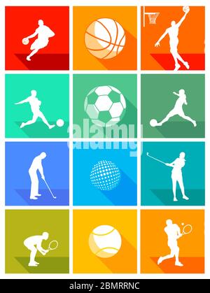 Sports, ensemble d'athlètes de diverses disciplines sportives. Football, tennis, basket-ball, golf - illustration vectorielle Illustration de Vecteur