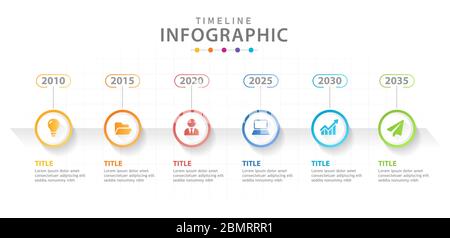 Modèle d'infographie diagramme de la chronologie moderne en 6 étapes avec cercles. Illustration de Vecteur