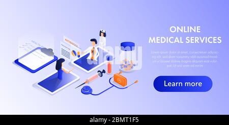 Concept de service médical conception isométrique. Médecin donner une ordonnance et des conseils sur les antibiotiques à son patient. Illustration de Vecteur