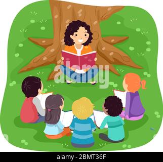 Illustration d'un Stickman adolescente lecture d'un livre d'histoire avec des enfants sous un arbre Banque D'Images