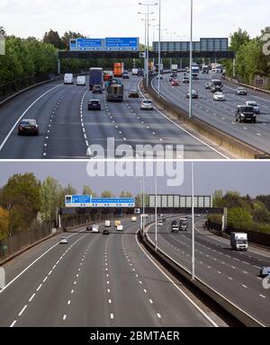 Image composite montrant le trafic sur l'autoroute M25 près d'Egham, Surrey, aujourd'hui (en haut) et le 09/04/20 (en bas), après que le Premier ministre Boris Johnson a déclaré que les personnes qui ne peuvent pas travailler de chez elles devraient être "activement encouragées" à retourner à leur travail à partir de lundi. Banque D'Images