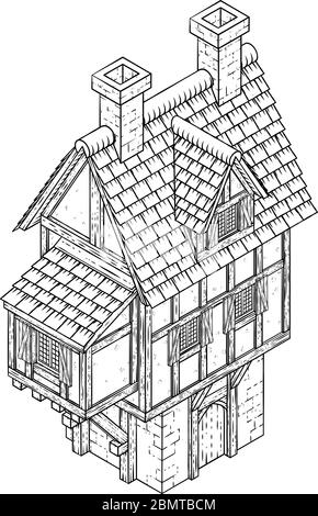 Icône de carte de la maison de ville Fantasy Vintage Tudor Building Illustration de Vecteur