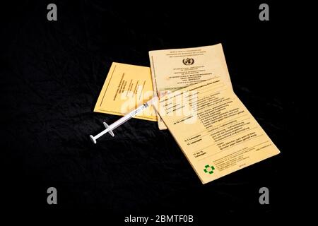 Bamberg, Allemagne. 10 mai 2020. Bamberg, Allemagne 10 mai 2020: Images de symboles - coronavirus - 05/10/2020 UNE seringue avec le lettrage Covid-19 se trouve sur une carte de vaccination, caractéristique/symbole/photo/caractéristique/détail/| usage dans le monde entier crédit: dpa/Alay Live News Banque D'Images