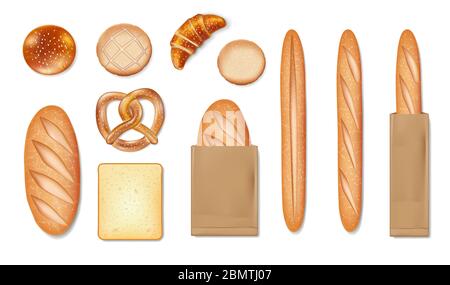 Set réaliste de croûtes alimentaires, pain, bretzel, croissant, bagel, baguette française, en-cas, biscuit, pain, pain en tranches, croissant. Icônes des produits de boulangerie Illustration de Vecteur