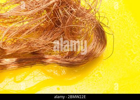 Filaments de cuivre, petits fils émetteurs et porteurs de courant électrique. Câbles en cuivre essentiels pour le transport de l'électricité. Banque D'Images