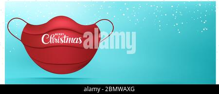 Web bannière Noël voeux avec masque médical rouge avec Merry Christmas écrit. Arrière-plan avec flocons de neige. Coronavirus de l'éclosion. Verrouillage Illustration de Vecteur