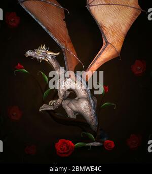 Dragon légendaire qui étend ses ailes sur fond sombre Banque D'Images