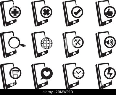 Téléphones portables avec Internet et symboles Web pour différentes applications logicielles. Ensemble d'icônes vectorielles noir et blanc isolées sur fond blanc. Illustration de Vecteur