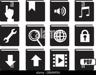Icônes vectorielles noir et blanc de livre avec symboles pour les fonctions informatiques et les applications logicielles isolées sur fond blanc. Illustration de Vecteur