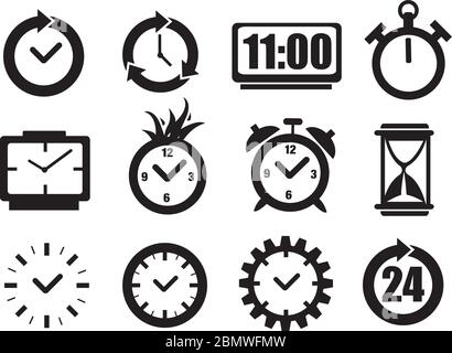 Ensemble d'illustrations vectorielles des horloges en noir et blanc pour concept de temps isolé sur fond blanc. Illustration de Vecteur