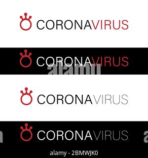 Coronavirus COVID-19 nom mot texte du signe pour l'en-tête de nouvelles , vecteur noir isolé sur blanc avec accent rouge forme de virus microbe comme la couronne Illustration de Vecteur