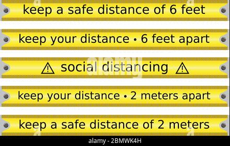 jeu de ruban jaune attention concernant la distance sociale ou sécuritaire dans une période d'épidémie vecteur isolé Illustration de Vecteur