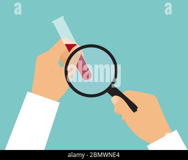 Dessin à plat illustrant la main du médecin en manteau blanc. Il tient une éprouvette avec du sang et analyse avec une loupe - vecteur Illustration de Vecteur