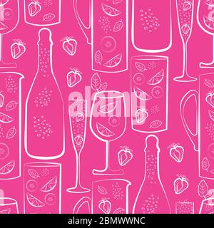 Fond de motif vectoriel de vin mousseux sans couture. Bouteilles, verres et fraises dessinés à la main, fond rose blanc. Élégant monochrome Illustration de Vecteur