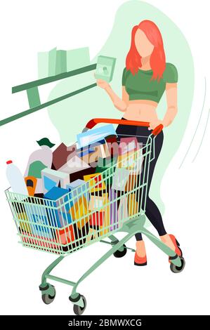 Fille dans UN supermarché d'épicerie avec UNE illustration de vecteur de chariot de la collection de shopping. Illustration de dessin animé plate isolée sur blanc Illustration de Vecteur