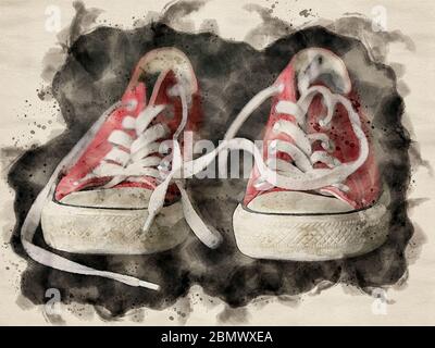 Peinture aquarelle de la paire de sneakers en toile rouge usées avec lacets dénoués - rouge et blanc vintage chaussures - jeunes chaussures hipster sur fond noir. Banque D'Images