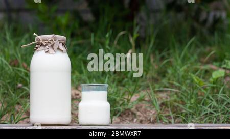 Du lait frais dans une bouteille sur fond d'herbe verte. Lait ou boisson turque Ayran dans une bouteille de verre. Concept de la Journée mondiale du lait. Banque D'Images