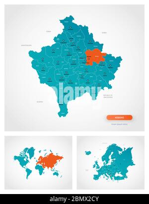 Modèle de carte du Kosovo avec marques modifiable. Kosovo sur la carte du monde et sur la carte de l'Europe. Illustration de Vecteur