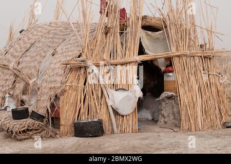 Bâtiments traditionnels fabriqués à partir de roseaux séchés, dans les marais du sud de l'Irak Banque D'Images