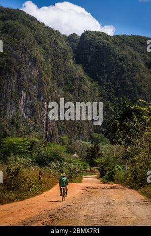 Homme local à vélo sur une route de terre rouge dans la vallée de Vinales, connu pour ses formations de falaises de calcaire uniques appelées mogotes. Cuba Banque D'Images