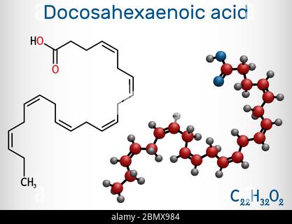 Acide docosahexaénoïque, DHA, doconexent, molécule d'acide cervonique. Il est acide gras oméga-3. Formule chimique structurelle et modèle moléculaire. Vecteur illust Illustration de Vecteur