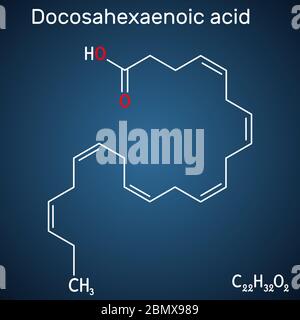 Acide docosahexaénoïque, DHA, doconexent, molécule d'acide cervonique. Il est acide gras oméga-3. Formule chimique structurelle sur fond bleu foncé. Vect Illustration de Vecteur