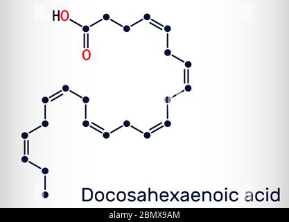 Acide docosahexaénoïque, DHA, doconexent, molécule d'acide cervonique. Il est acide gras oméga-3. Formule chimique du squelette. Illustration vectorielle Illustration de Vecteur