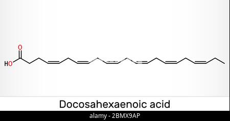 Acide docosahexaénoïque, DHA, doconexent, molécule d'acide cervonique. Il est acide gras oméga-3. Formule chimique du squelette. Illustration vectorielle Illustration de Vecteur