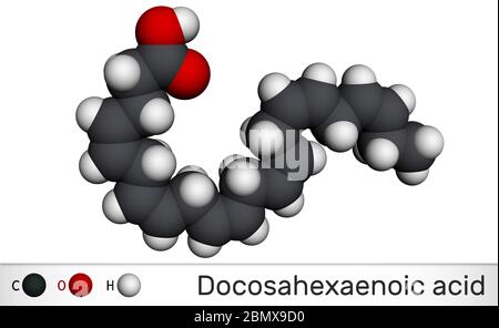 Acide docosahexaénoïque, DHA, doconexent, molécule d'acide cervonique. Il est acide gras oméga-3. Modèle moléculaire. Rendu 3D Banque D'Images