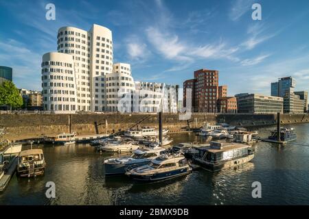 Der Neue Zollhof mit den Gehry-Bauten des Architekten und Designer Frank Gehry im MedienHafen, Landeshauptstadt Düsseldorf, Nordrhein-Westfalen, Deut Banque D'Images