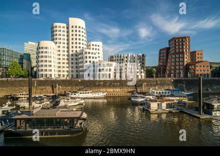 Der Neue Zollhof mit den Gehry-Bauten des Architekten und Designer Frank Gehry im MedienHafen, Landeshauptstadt Düsseldorf, Nordrhein-Westfalen, Deut Banque D'Images