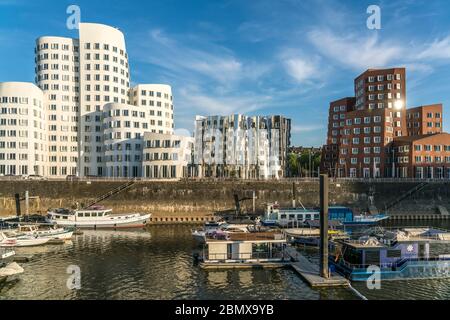 Der Neue Zollhof mit den Gehry-Bauten des Architekten und Designer Frank Gehry im MedienHafen, Landeshauptstadt Düsseldorf, Nordrhein-Westfalen, Deut Banque D'Images