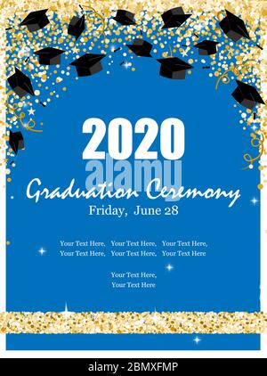 Remise des diplômes cérémonie de 2020 cartes de voeux ensemble avec chapeaux de troisième cycle dans l'air confetti or. Poster d'invitation de la partie Grad de Vector Illustration de Vecteur