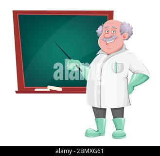 Personnage de dessin animé professeur debout près du tableau noir. Utilisable aussi comme scientifique, chimiste, assistant de laboratoire, inventeur, enseignant, etc. Illustrat vectoriel Illustration de Vecteur