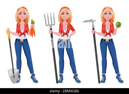 Joyeux sourire fille de ferme, ensemble de trois poses. Belle paysanne femme personnage de dessin animé tenant des outils de jardinage. Illustration vectorielle Illustration de Vecteur