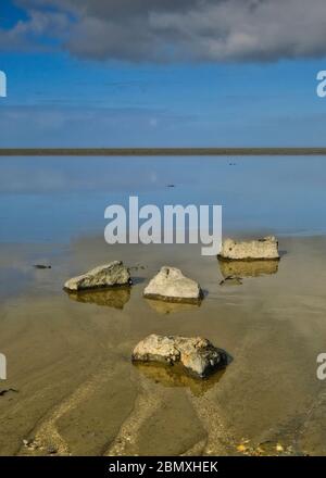 Plaines de sable avec des coquilles et de grands blocs à marée basse. La mer des Wadden près de Moddergat, Paesens, pays-Bas. UNESCO Patrimoine mondial. Centre sélectif Banque D'Images