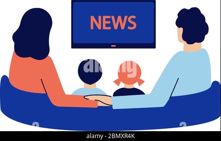 Illustration vectorielle moderne de style plat isolée en blanc. Famille heureuse avec de petits enfants assis sur le canapé et regardant les nouvelles à la télévision à la maison. Femme et Illustration de Vecteur