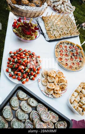 photo de la nourriture dans des assiettes sur une table dans le jardin Banque D'Images