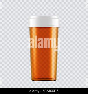 Des bouteilles de verre simulées réalistes pour les médicaments, les comprimés. Conteneurs médicaux en plastique blanc isolés sur fond transparent. Illustration vectorielle Illustration de Vecteur