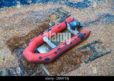 Bateau rouge flottant dans un lac d'un barrage conquis par la feuille brune morte. Concept de la nature le virement de bord sur l'homme a fait des structures pendant le cycle du coronavirus Banque D'Images