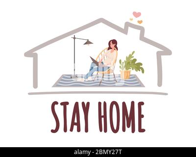 Modèle de bannière rester à la maison. Jeune femme souriante dans des vêtements décontractés assis dans une chaise avec ordinateur portable et travaillant à la maison illustration vectorielle plate. Concept d'affiche de quarantaine et d'auto-isolation. Illustration de Vecteur