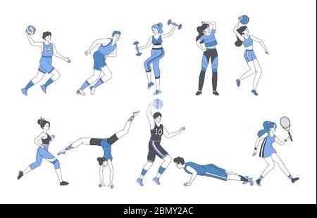 Jeunes qui font des activités sportives entraînement physique ou jeux de sport. Des hommes et des femmes heureux en costume de sport avec équipement de sport entraînement et l'exercice vector dessin animé illustration du contour. Illustration de Vecteur