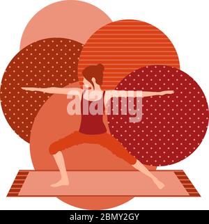 illustration colorée avec mignon gril sans visage faisant asana guerrier sur fond rouge Illustration de Vecteur