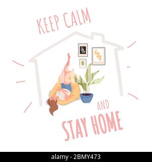 Modèle de bannière rester à la maison. Les jeunes femmes dans des vêtements confortables passent du temps ensemble à la maison pendant la quarantaine et l'auto-isolement vecteur illustration plate. Arrêter le concept de carte Covid-19 du coronavirus. Illustration de Vecteur