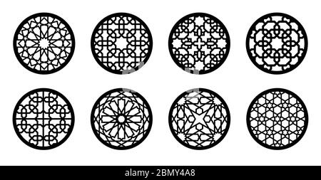 Ensemble de décoration cnc cercle. Éléments ronds pour découpe au laser, pochoir, gravure. Motif géométrique en arabe pour support en verre, porte-gobelet, fixation murale, menu Illustration de Vecteur